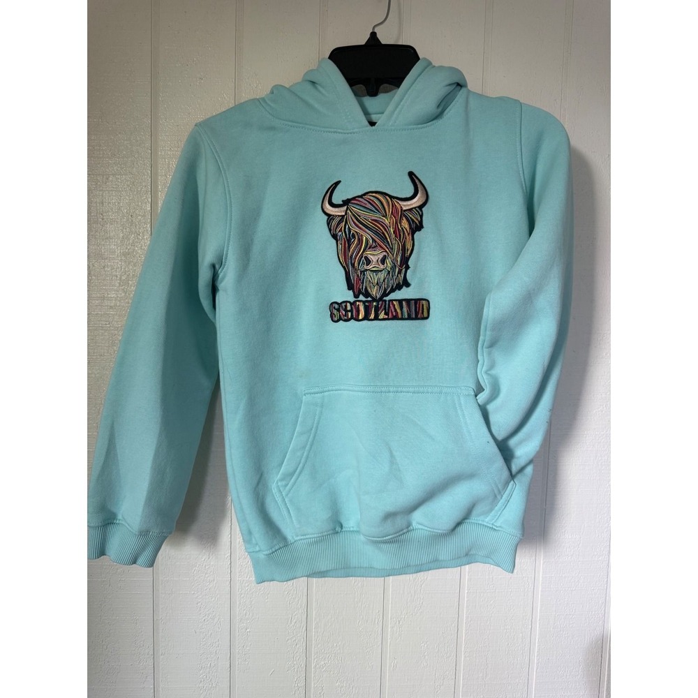 Travel Outfitters Scotland Highland Cow Embroidered Hoodie Aqua Blue Kids 9-11Y - Picture 2 of 5